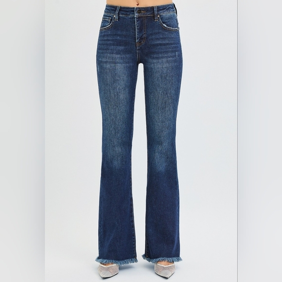 Risen MR Tummy Control Dark Wash Frayed Hem Flare Jeans Classic Various NEW - Picture 3 of 11